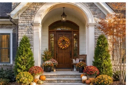 Front porch of a house decorated for fall with a wreath on the door, potted mums, pumpkins, and autumn foliage.
