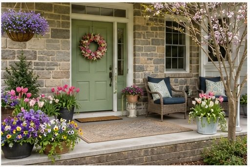 Front porch of a house decorated for spring with potted flowers, a wreath on the door, and outdoor furniture.