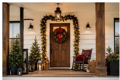 Festive porch decorated for Christmas with potted pine trees, a wreath with a red bow on the door, and holiday ornaments.