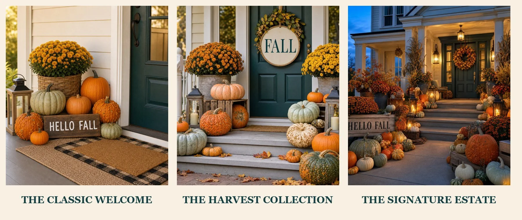 Three images of front porch fall decorations with pumpkins, mums, lanterns, and 'Hello Fall' signs, each styled differently and captioned from left to right as 'The Classic Welcome,' 'The Harvest Collection,' and 'The Signature Estate.'