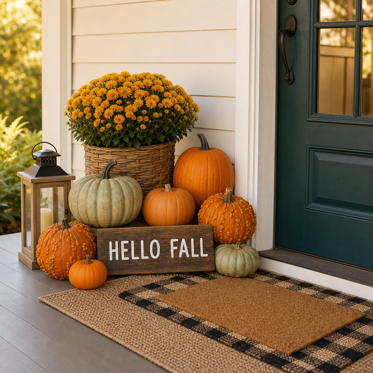Autumn porch decor featuring pumpkins, a potted yellow chrysanthemum, a lantern, and a welcome sign reading 'Hello Fall' near a green front door.