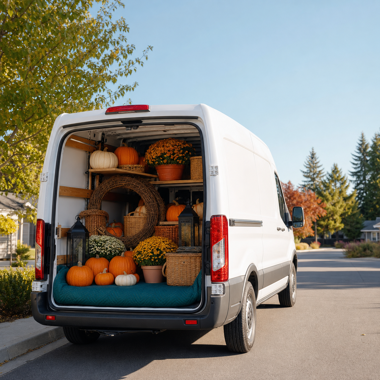 Open white van filled with pumpkins, mums, wicker baskets, lanterns, and wreaths, parked on a suburban street with trees and houses in the background.