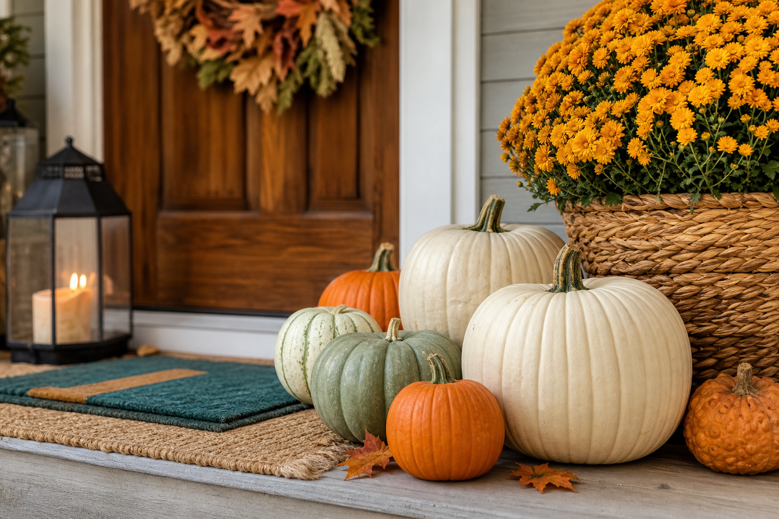 Fall porch detail with white and sage pumpkins, golden mums, woven basket, wreath, and lantern