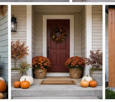 Decorative autumn porch with pumpkins and fall flowers