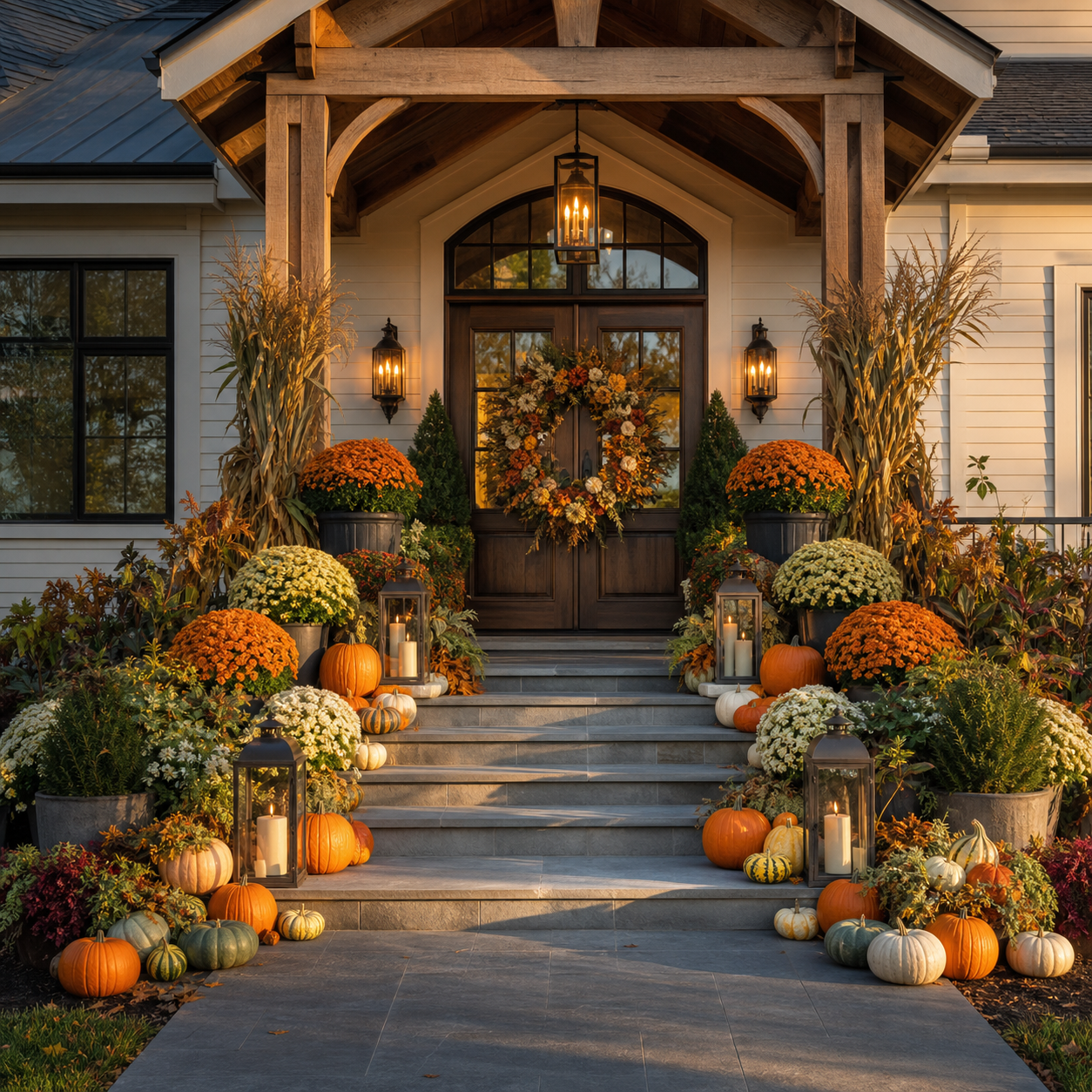 Decorated front porch of a house with autumn-themed decorations including pumpkins, gourds, potted flowers, lanterns with candles, and a fall wreath on the door, illuminated by warm lighting.