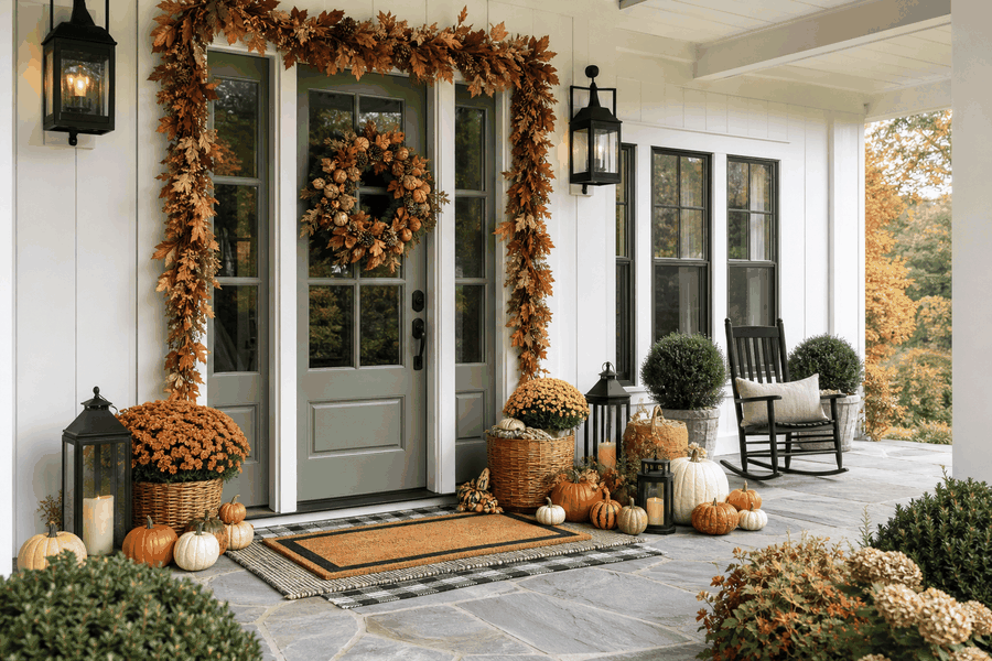 Fall decorated front porch with pumpkins, mums, and gourds, featuring a wreath and autumn-themed garland around the door, black lanterns, a rocking chair with a cushion, and a view of colorful fall trees in the background.