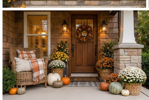 Fall decorated front porch with a wooden door, wreath, lanterns, wicker chairs, pumpkins, and chrysanthemums