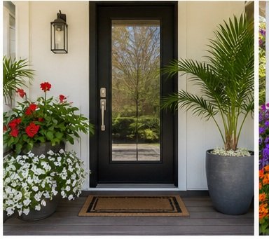 Front door with black frame, glass panel, surrounded by potted plants and flowers, with a doormat in front.