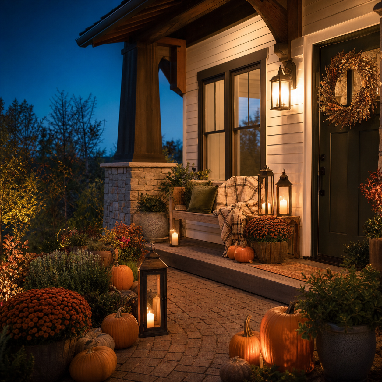 A cozy front porch decorated for fall evening with pumpkins, candles, and lanterns, illuminated by warm exterior lights.