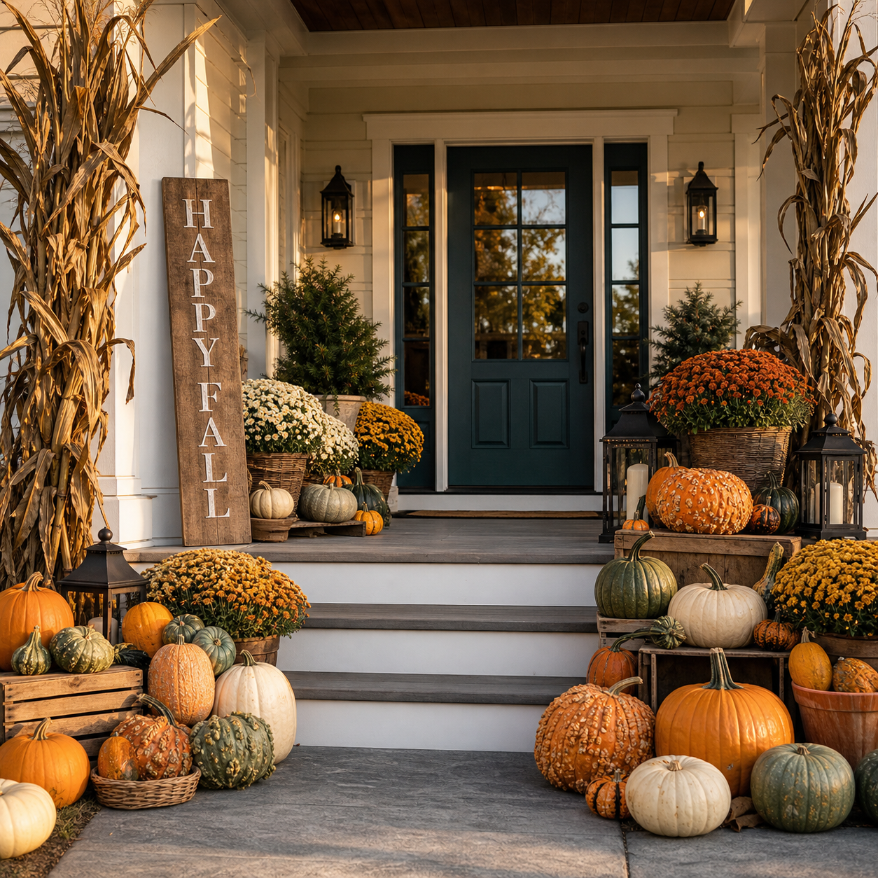 Fall decorated porch with pumpkins, gourds, potted chrysanthemums, mini evergreens, lanterns, and a 'Happy Fall' sign at the entrance of a house with a dark green door and white siding.