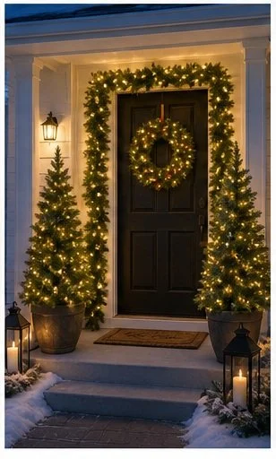 Decorated front door with a Christmas wreath and garland, flanked by two potted Christmas trees with lights, illuminated lanterns, and candles on the snow-covered steps.