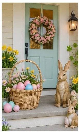 Easter decorated front door with pink floral wreath, basket of pastel eggs, and rabbit figurines surrounded by yellow daffodils.