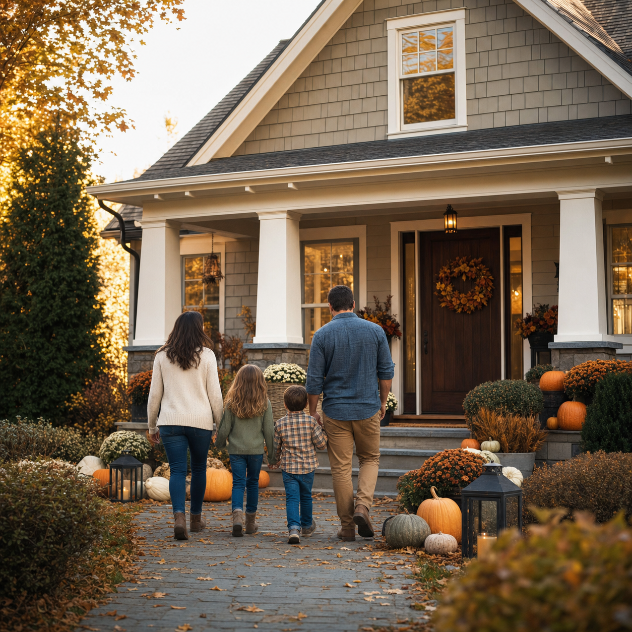 A family of four walking towards their house decorated for autumn with pumpkins, gourds, and chrysanthemums, during sunset.