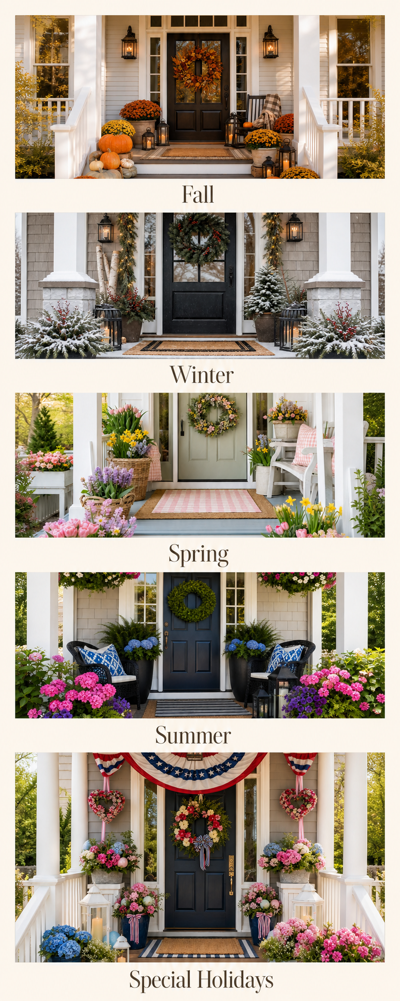 Large seasonal porch decorating examples for Fall, Winter, Spring, Summer, and Special Holidays
