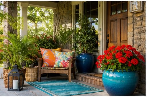 Front porch with wicker chair, colorful cushions, large potted plants, and red flowers in a blue ceramic pot.
