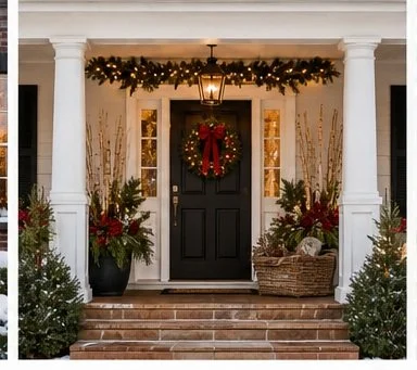 Holiday decorated front door with a wreath, garland, and Christmas plants.