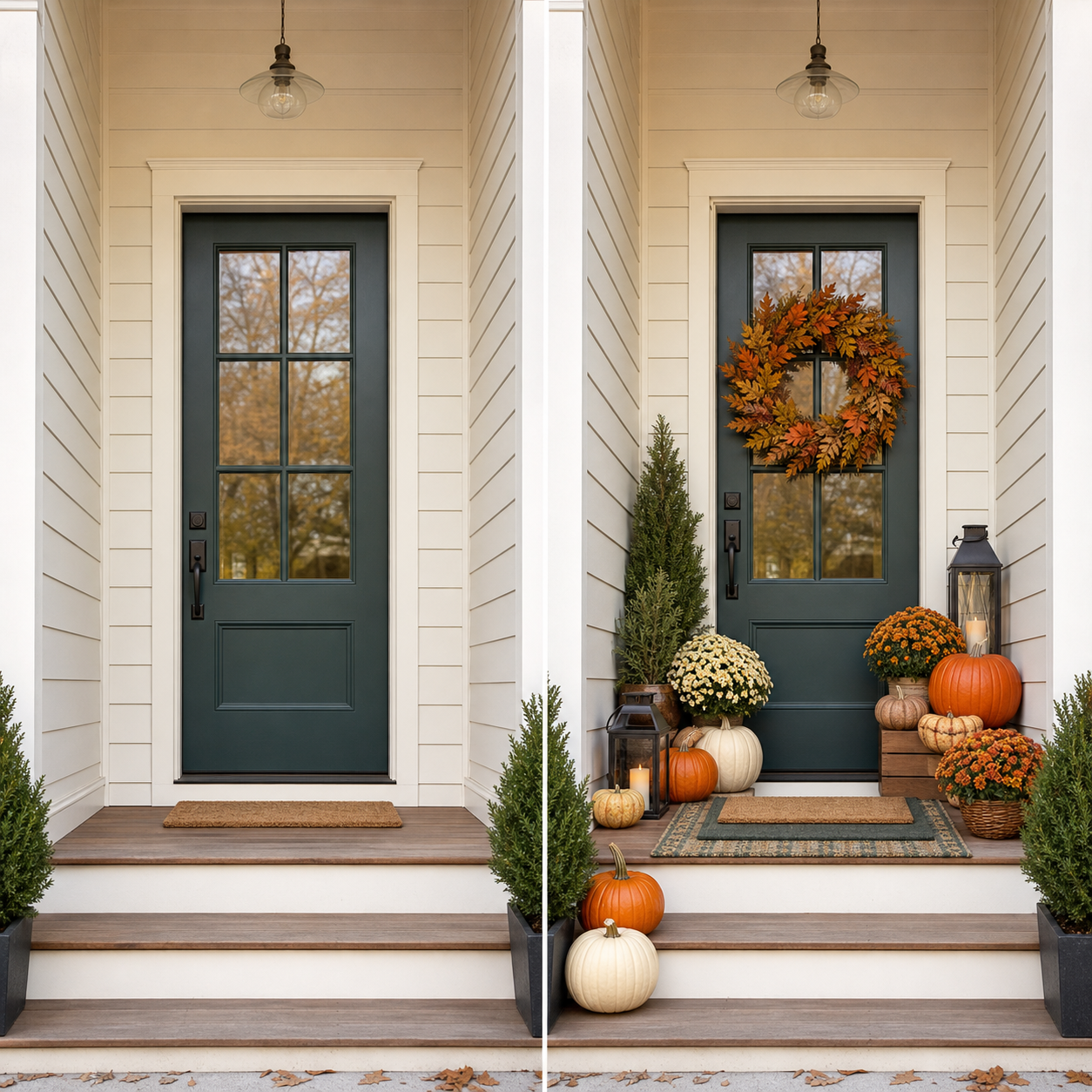 Side-by-side images of a front door. The left image shows a bare door with no decorations. The right image features the same door decorated with a autumn wreath, pumpkins, potted plants, lanterns, and a doormat, creating a fall-themed porch display.