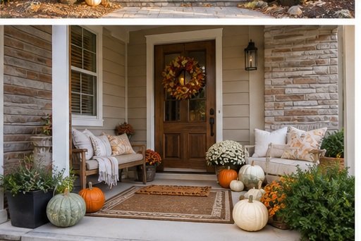Fall decorating the porch with pumpkins, mums, and autumn wreath on the door
