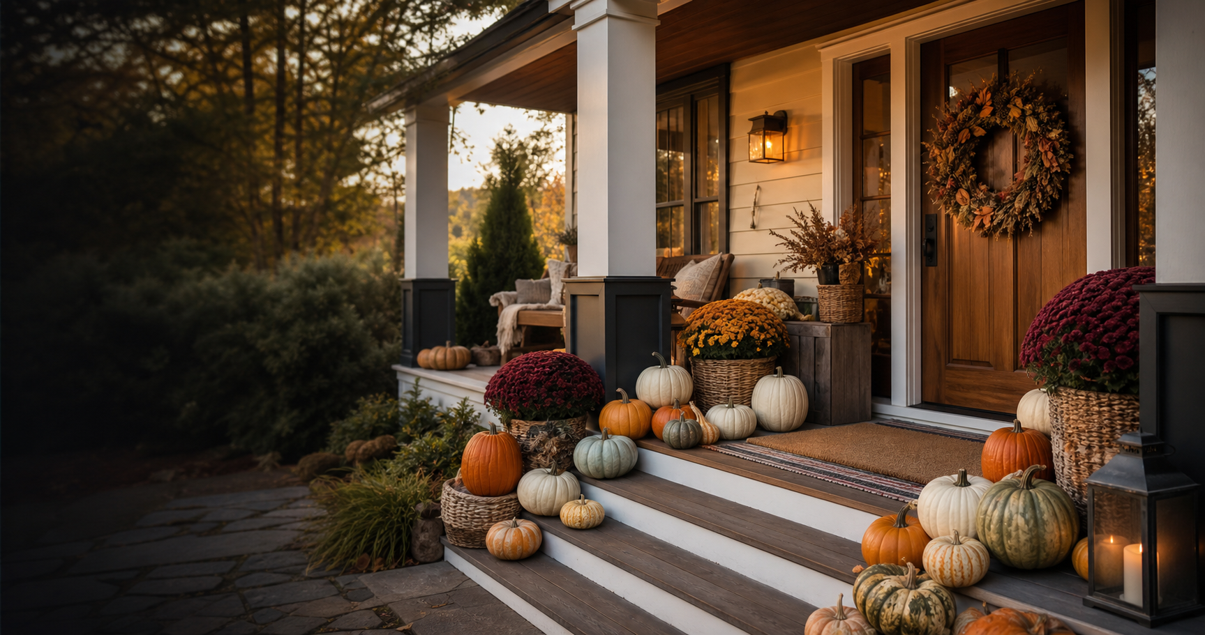 Front porch decorated for fall with pumpkins and potted plants, near a wooden door with a wreath, illuminated by warm lighting at sunset.