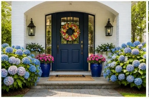 Front porch with a blue door decorated with a flower wreath, flanked by two wall-mounted lanterns, and surrounded by large pots of pink and purple hydrangeas.
