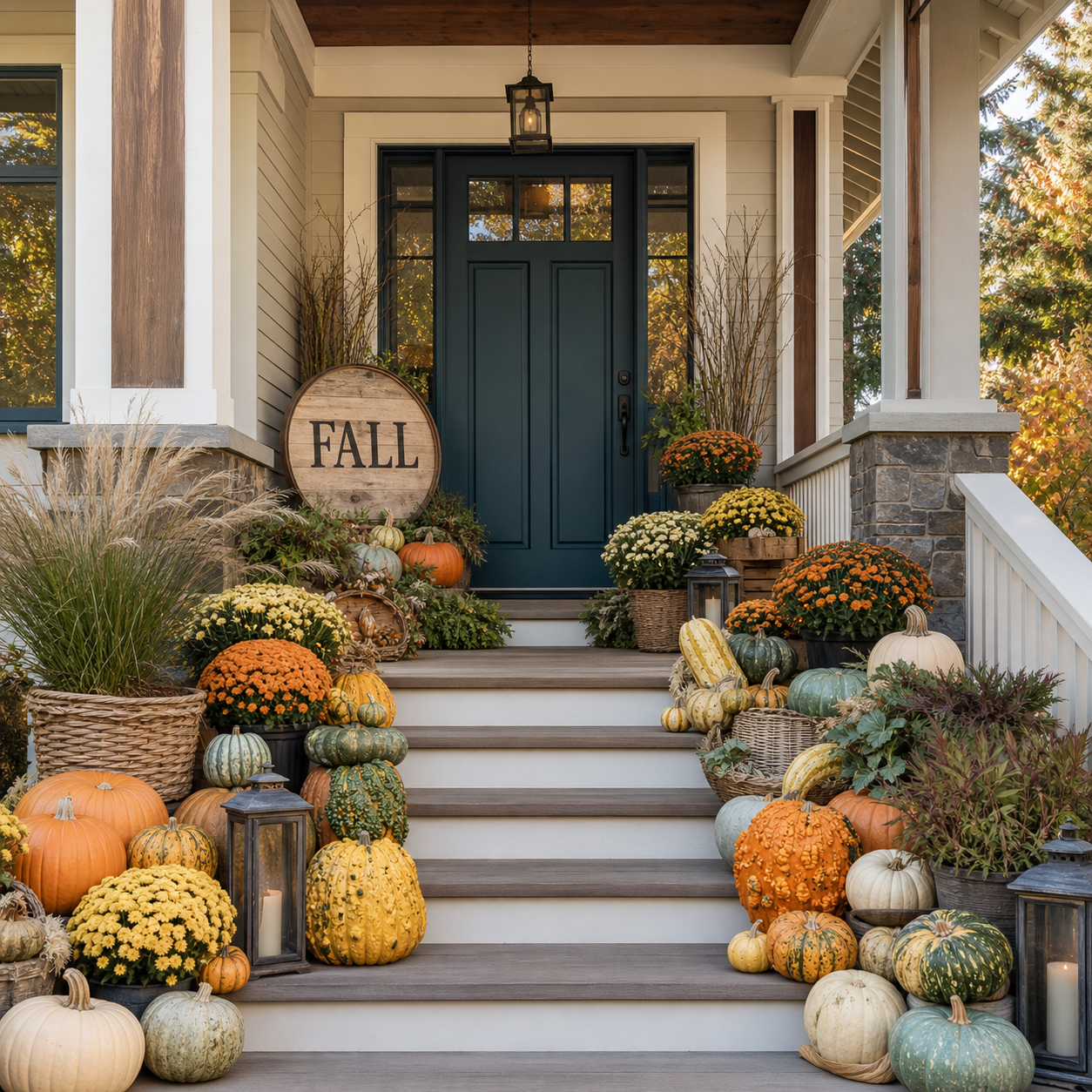 Fall decorated front porch of a house with pumpkins, gourds, mums flowers, lanterns, and a round sign with the word 'FALL' on it. The house has a navy front door, stone accents, and white stairs leading up to the porch blends with autumn colors and n