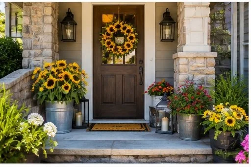 Front porch with a dark wooden door decorated with a sunflower wreath, flanked by stone columns, with potted sunflowers and colorful flowers on either side, lanterns, and candles.