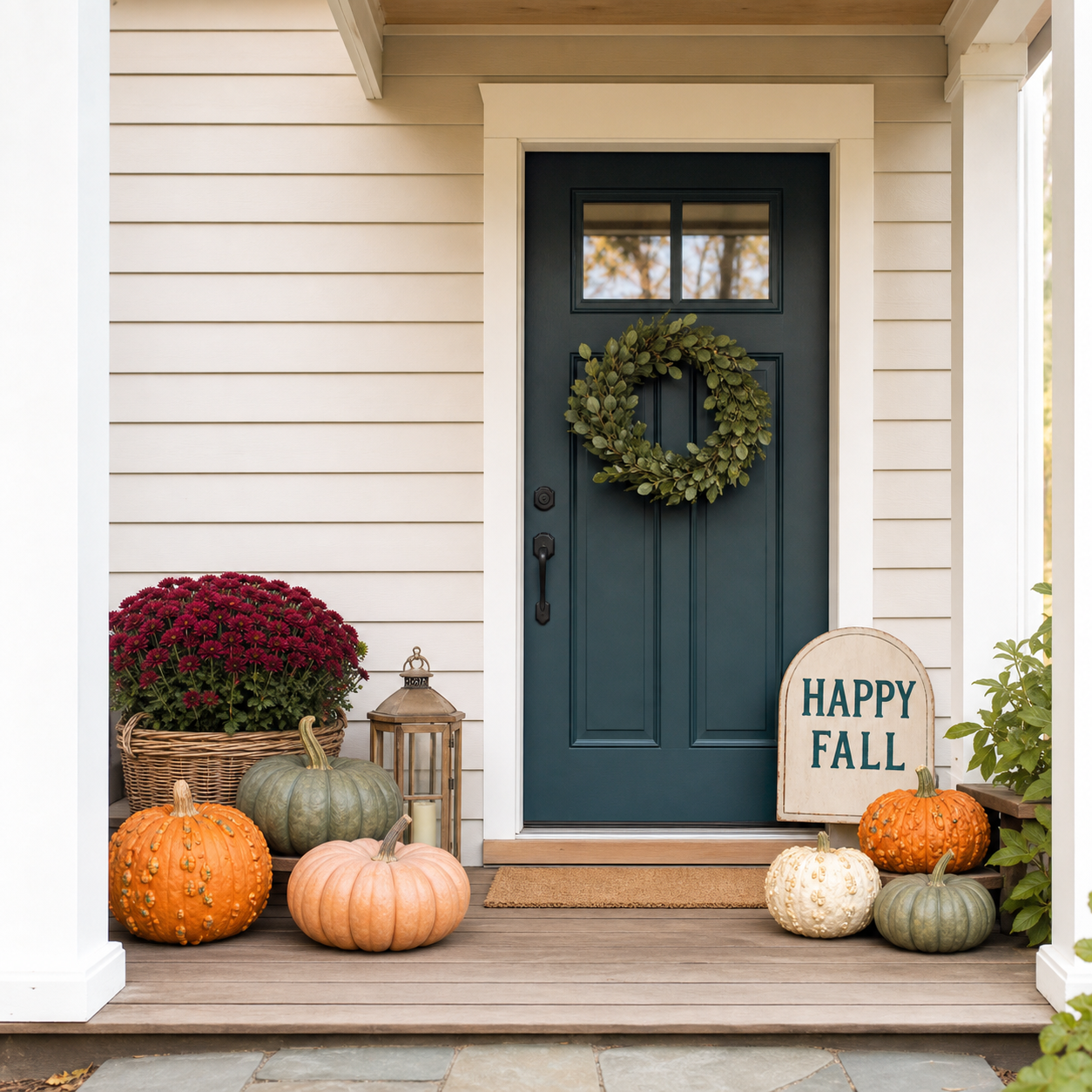 Front porch with a navy blue door decorated with a green wreath, surrounded by fall pumpkins in orange, white, and green, a basket of red mums, a lantern, and a sign reading "HAPPY FALL" on a small white board.