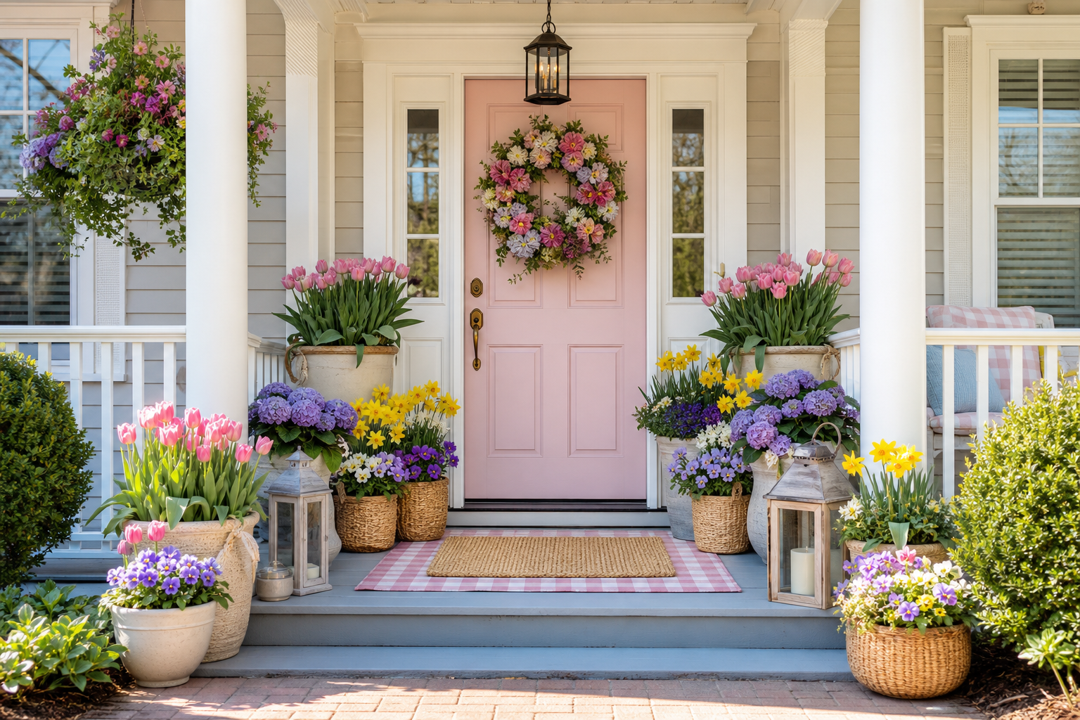 Front porch with pink door decorated with a floral wreath, surrounded by potted flowers including pink tulips, purple hydrangeas, and yellow daffodils; lanterns and a woven doormat are also on the porch.