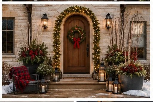 Front door decorated with a Christmas wreath, surrounded by Christmas plants, lanterns, and an arched garland with lights at the entrance.