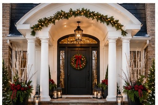 Festively decorated front porch with a black door, Christmas wreath, garland, and potted plants.
