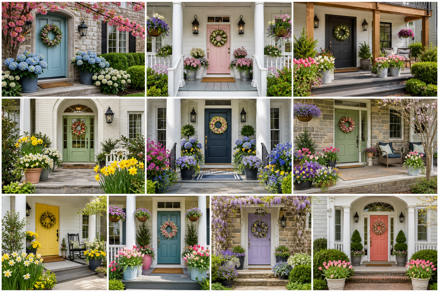 Collage of ten colorful spring porches with tulips, daffodils, hydrangeas, flowering baskets, wreaths, bright doors, and fresh greenery.