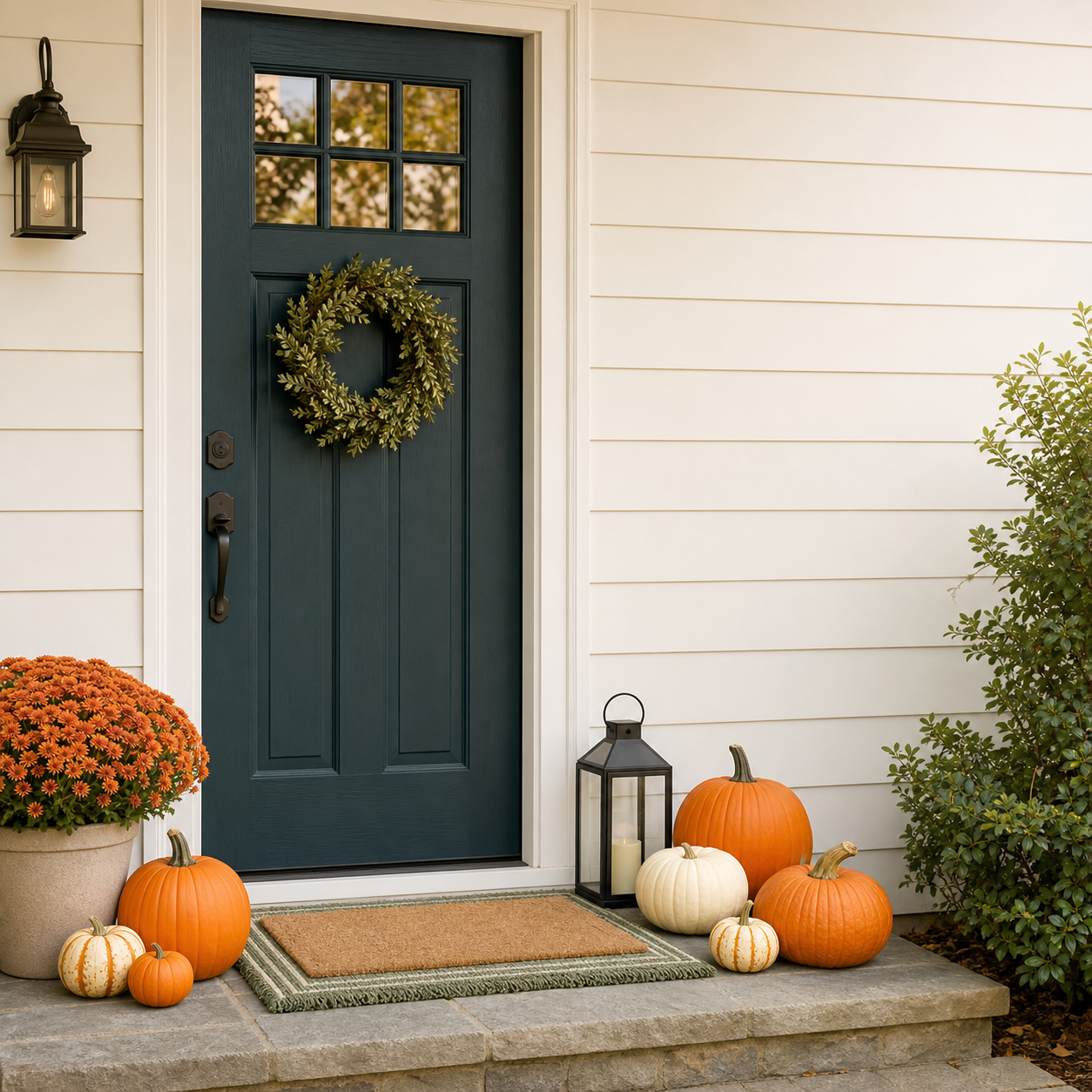 Front porch decorated for fall with pumpkins, potted chrysanthemums, lantern, and a wreath on the door.