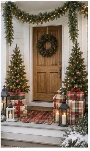 Festive holiday entrance decorated with Christmas trees, wrapped presents, a wreath on the wooden door, and garland above the door, creating a Christmas scene.