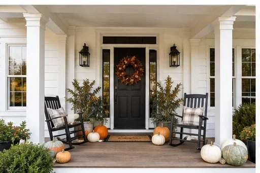 Front porch decorated with pumpkins, autumn wreath on the door, two black rocking chairs with plaid pillows, and potted plants, autumn theme.