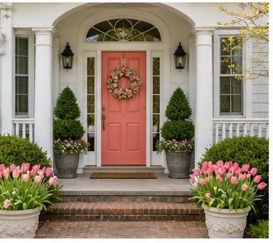 Front porch of a house with a pink door, decorated with a wreath, flanked by potted plants, and pink tulips in planters.