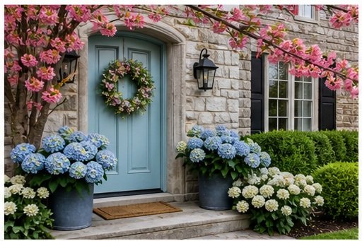 A light blue front door with a spring wreath, surrounded by hydrangeas in large pots and a flowering tree with pink blossoms, on a stone house with black shutters.