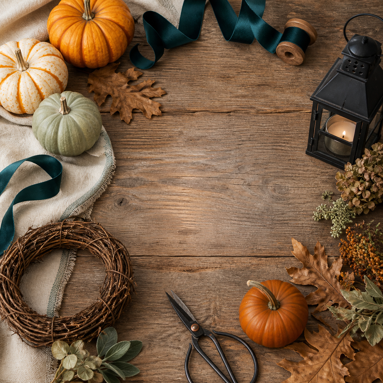 Decorative autumn scene on a wooden surface with pumpkins, dried leaves, a candle lantern, scissors, a wreath, and ribbons.