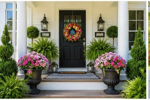 Front door decorated with a colorful wreath, flanked by lantern-style wall lights, potted plants, and pink and purple flowers.