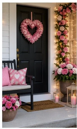 Front door decorated with a pink heart-shaped flower wreath, surrounded by pink flowers, candles, and a bench with pink pillows.
