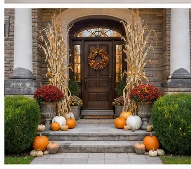 Decorative fall wreath on a wooden front door, surrounded by pumpkins, gourds, dried corn stalks, and autumn plants on the porch of a brick house.