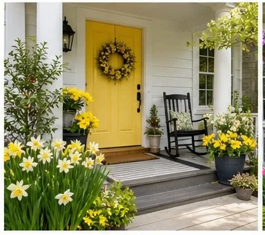 Front porch with a yellow door decorated with a wreath, surrounded by potted plants and yellow flowers, with a black rocking chair on the porch.