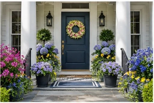 Front porch with blue door, floral wreath, potted hydrangeas, flowering plants, lanterns, and welcome mat.