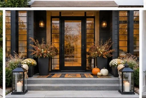 Front porch of a house decorated with lanterns, potted fall flowers, and pumpkins for autumn.