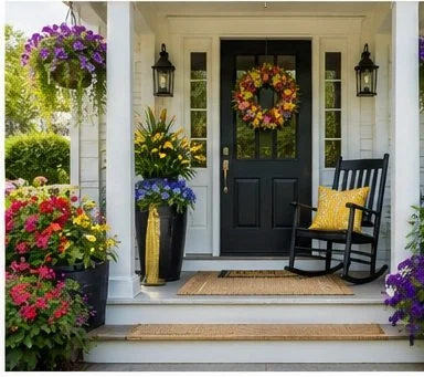 Front porch decorated with colorful fall wreath on black door, potted flowers, hanging basket, black rocking chair with yellow pillow, and welcome mat