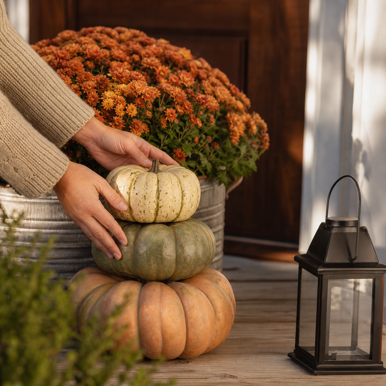Person stacking colorful pumpkins in front of a large pot of orange chrysanthemums, with a lantern on a wooden table.