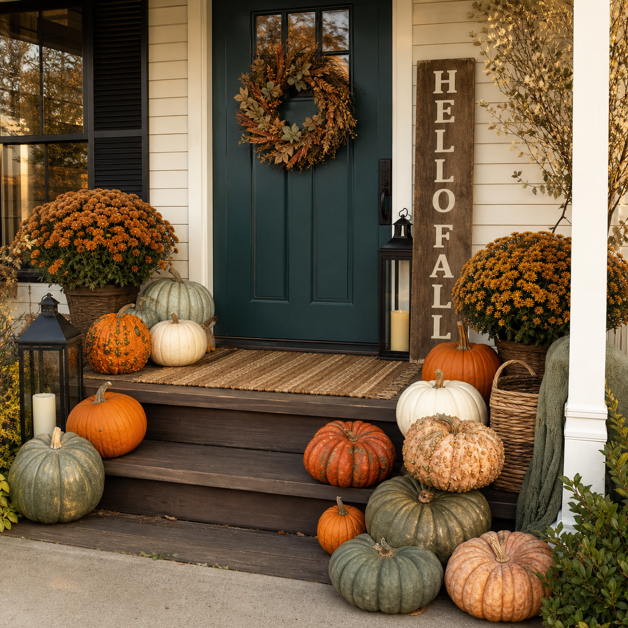 Fall decorated front porch with pumpkins, mums, lanterns, and a seasonal sign beside a teal door.