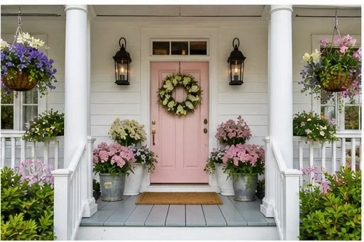 Front porch of a house with pink door, decorated with a green wreath, surrounded by flower pots with pink, white, and purple flowers, and hanging flower baskets with purple and pink flowers.
