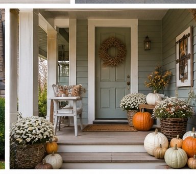 Front porch decorated for fall with pumpkins, white mums, a wreath, and outdoor furniture.
