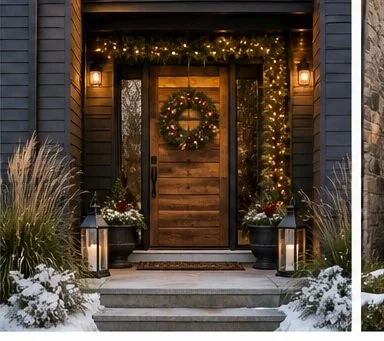 Decorated front porch with a wooden door, Christmas wreath, string lights, potted plants, lanterns, and snow on the ground.