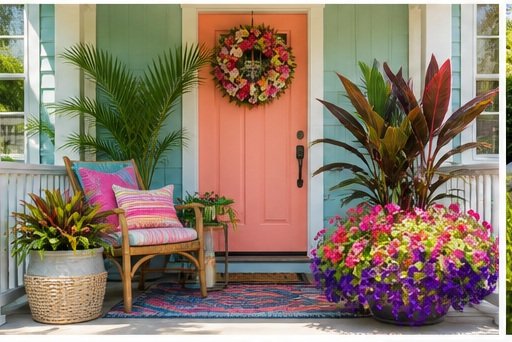 Colorful porch with pink door, floral wreath, tropical plants, a wooden bench with pink and purple cushions, potted plants, and a vibrant rug.